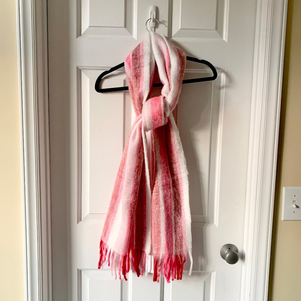 NWT J. Crew Brushed Striped Fringed Scarf, One Size, Pink/Red/White